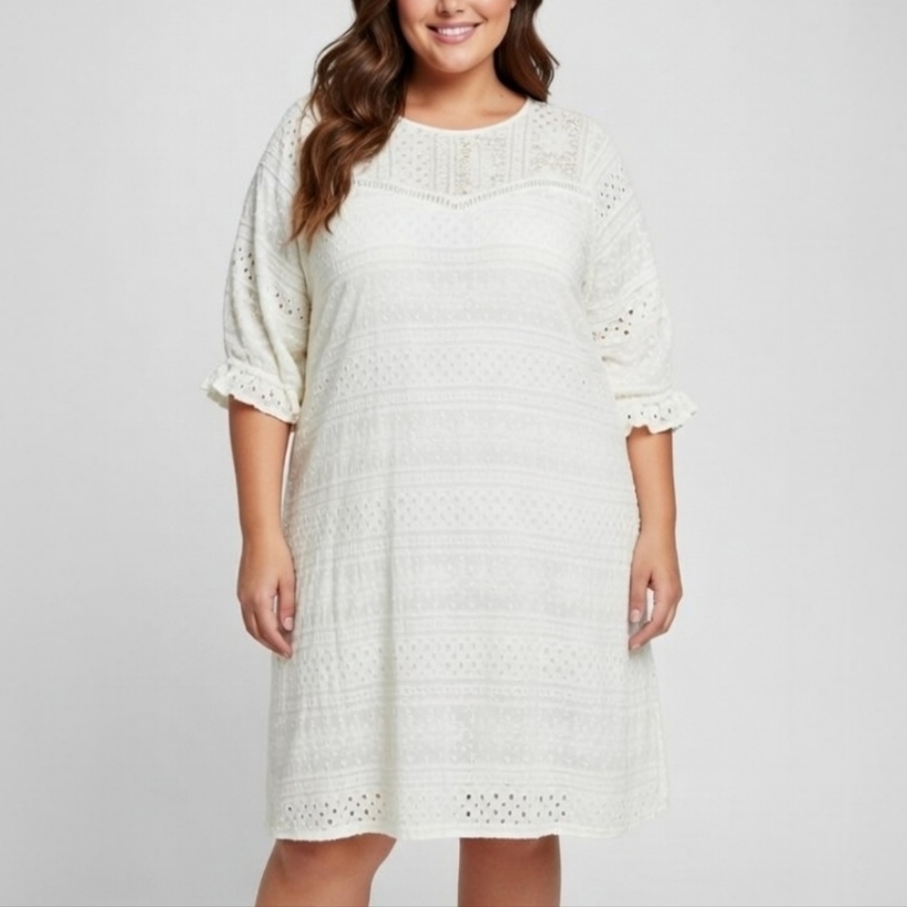 Avenue Plus Size 24 Ivory Floral Lace Overlay 3/4 Sleeve Shift Dress Romantic